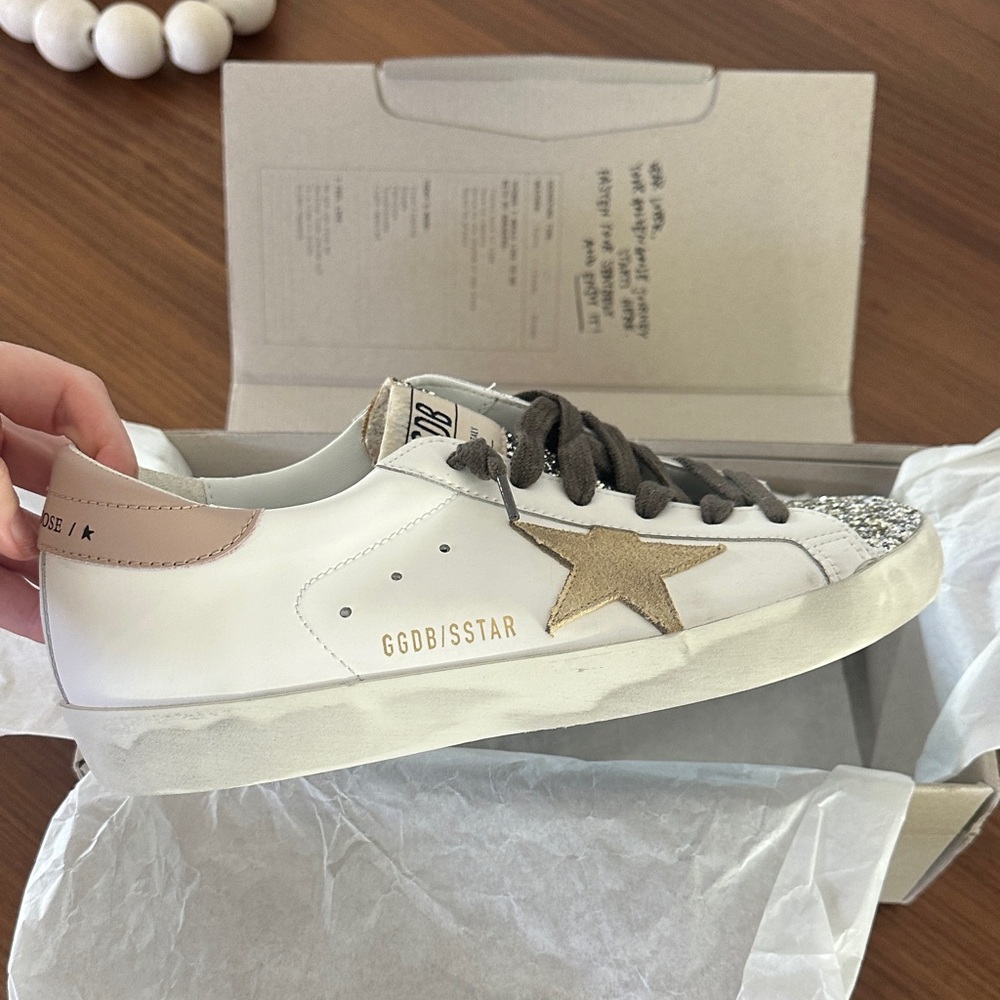 Golden Goose White and Tan Sneakers with Silver Accents